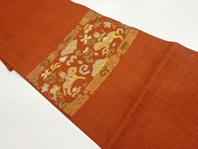 JAPANESE KIMONO / NAGOYA OBI / SILK / WOVEN HORSEBACK RIDER & FLORAL PLANTS